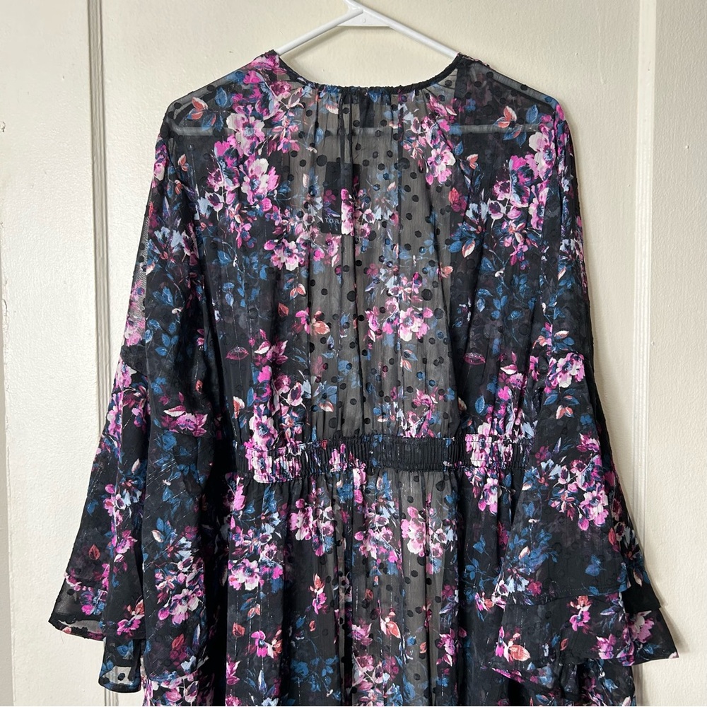 Torrid black floral clip dot long bell sleeve kimono womens 1X NWT - Picture 8 of 11